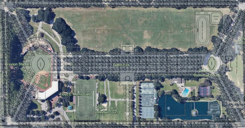 A bird's-eye view of Daffin Park in Savannah, Georgia, with a transparent overlay of the original 1907 John Nolen architectural design showing the lost symmetry and grand mall.