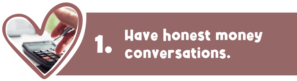 First-home buying tip: Have honest money conversations, illustrated with a calculator inside a heart.