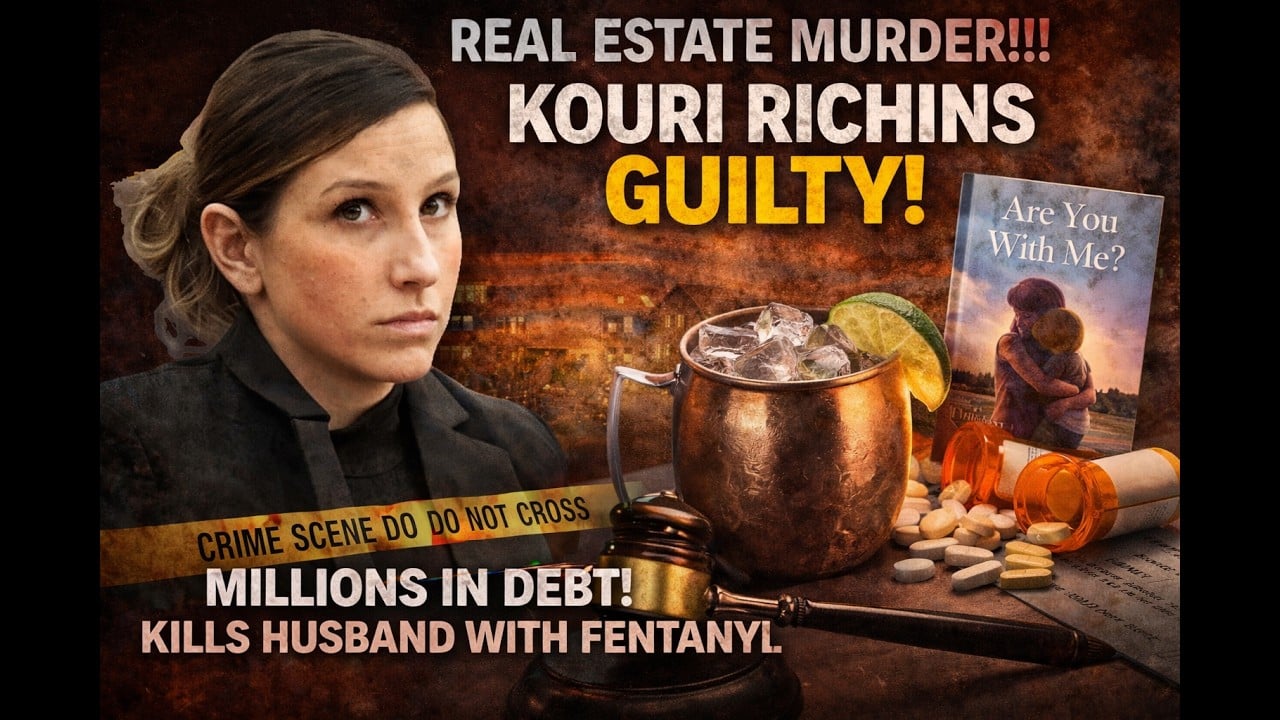 A dramatic graphic showing a woman’s portrait alongside a judge’s gavel, pills, a copper mug drink, and a book, with bold text referencing a real estate murder case and guilty verdict.
