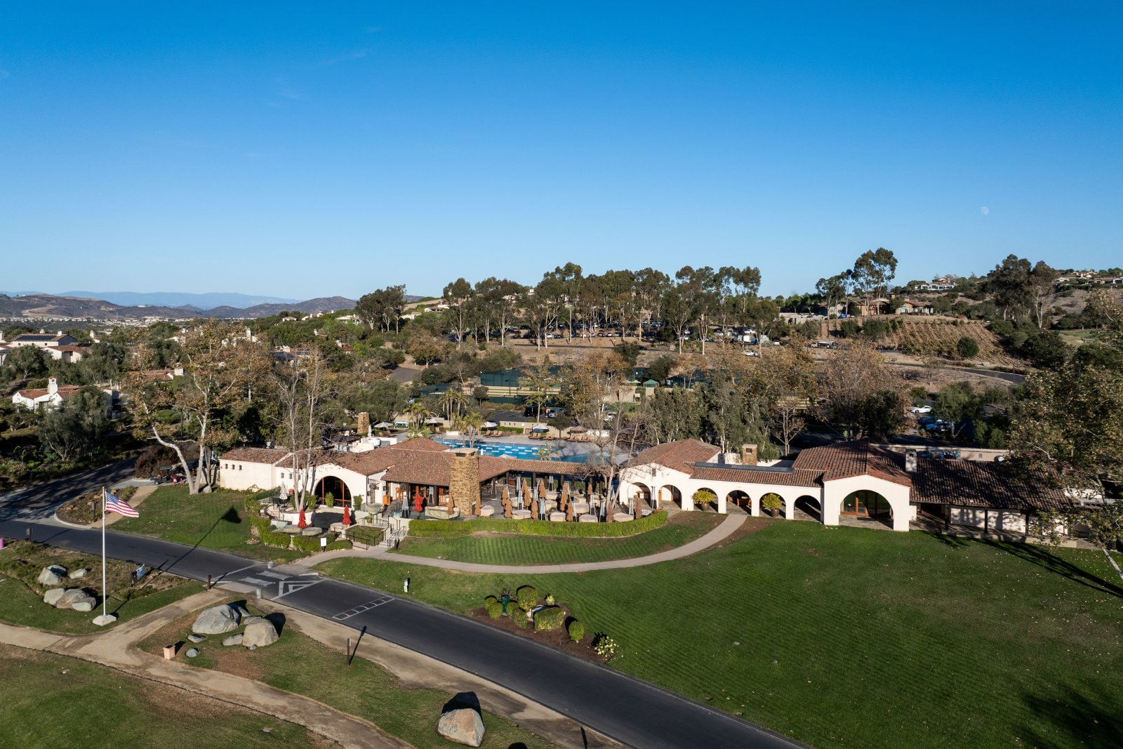Aerial view of the Santaluz Club clubhouse and Hacienda pool in San Diego