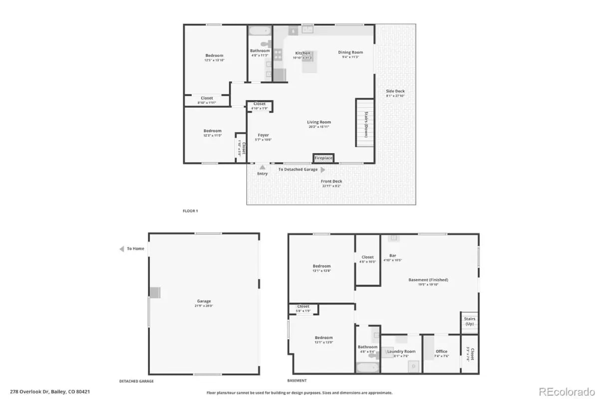 Complete house floor plan layout for 278 Overlook Drive, including the main level, finished basement, and detached garage.