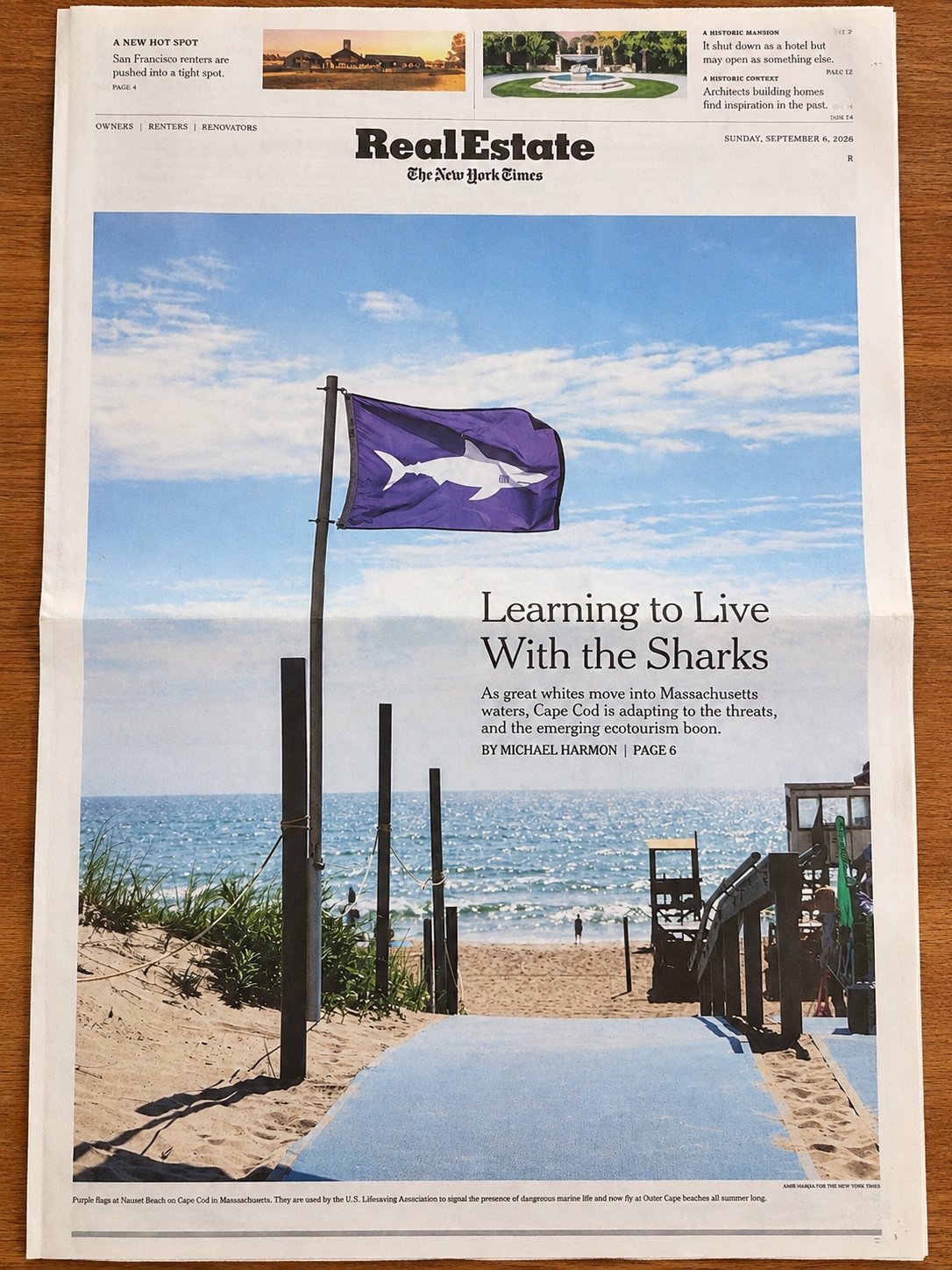 New York Times Real Estate cover featuring a purple shark warning flag at a Cape Cod beach.