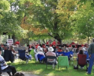 People seated in lawn chairs beneath trees at an outdoor summer event.
