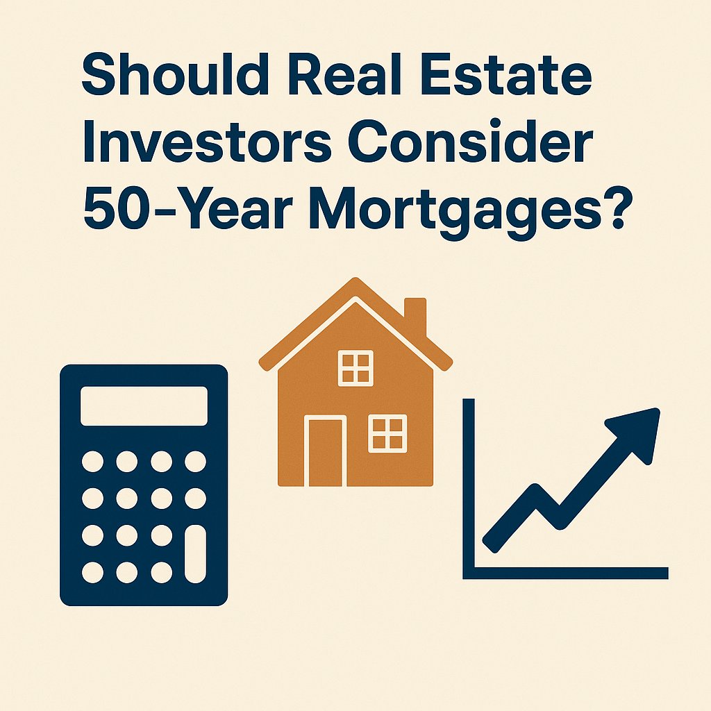 Graphic asks whether real estate investors should consider 50-year mortgages, with calculator, house, and rising chart.