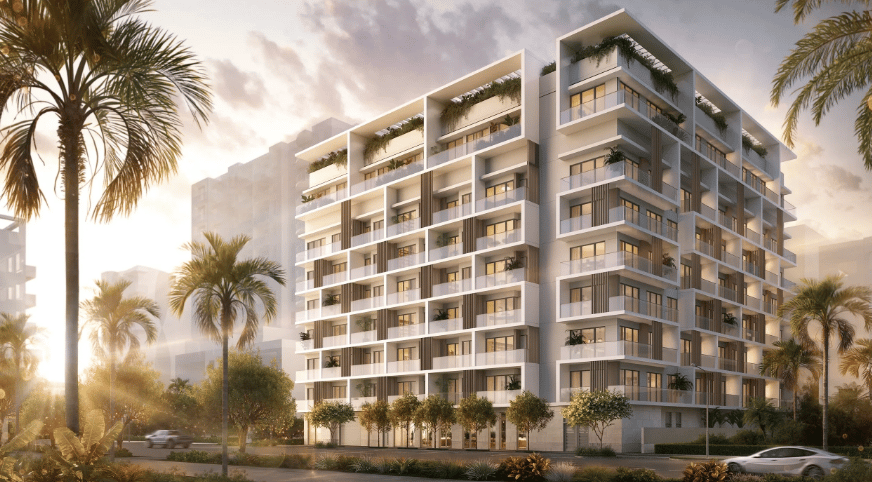 Parkside Residences Brickell condominium with stacked balconies, landscaped grounds, and palm trees.