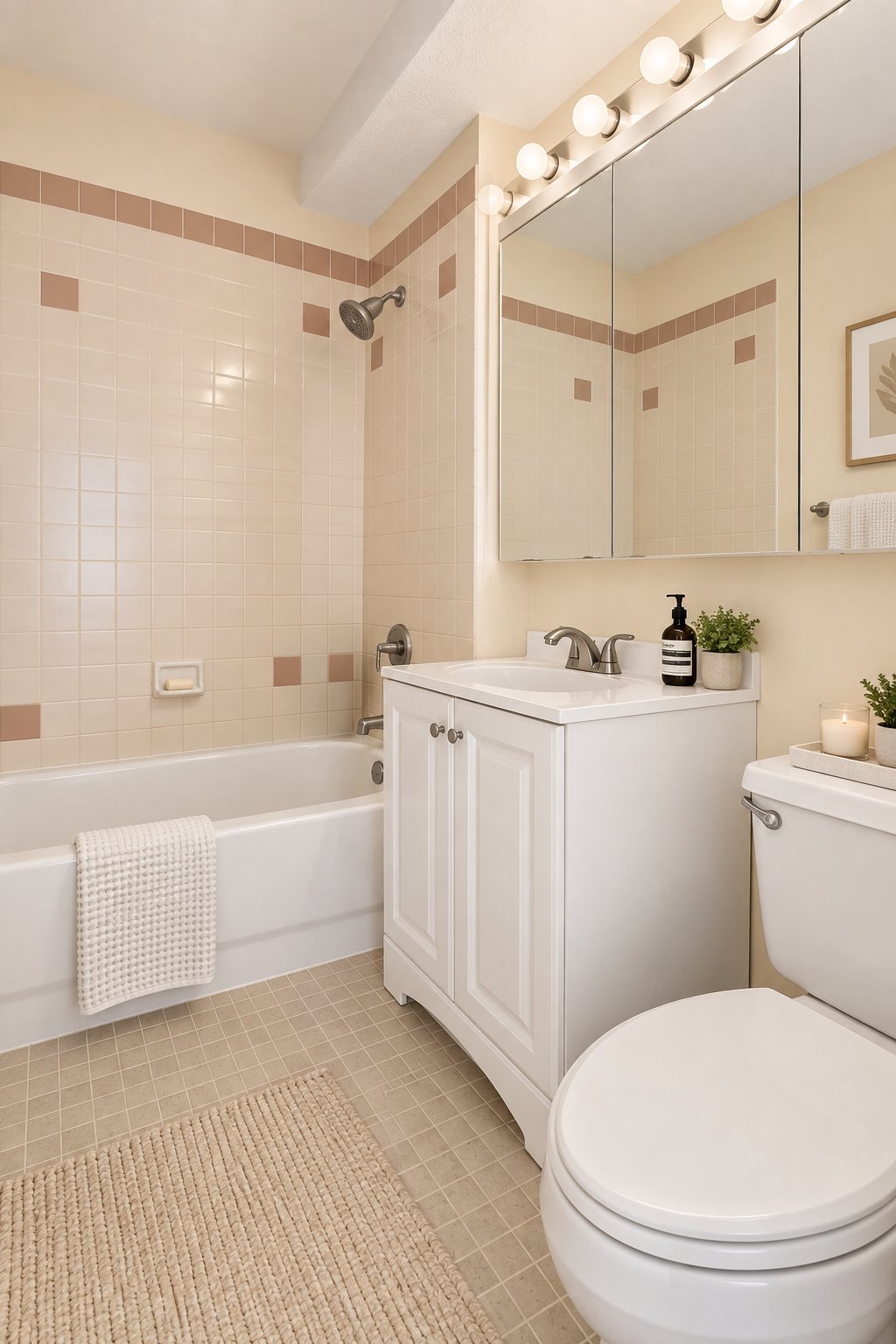 Bathroom with cream-and-rose tile, a white bathtub, and a mirrored vanity.