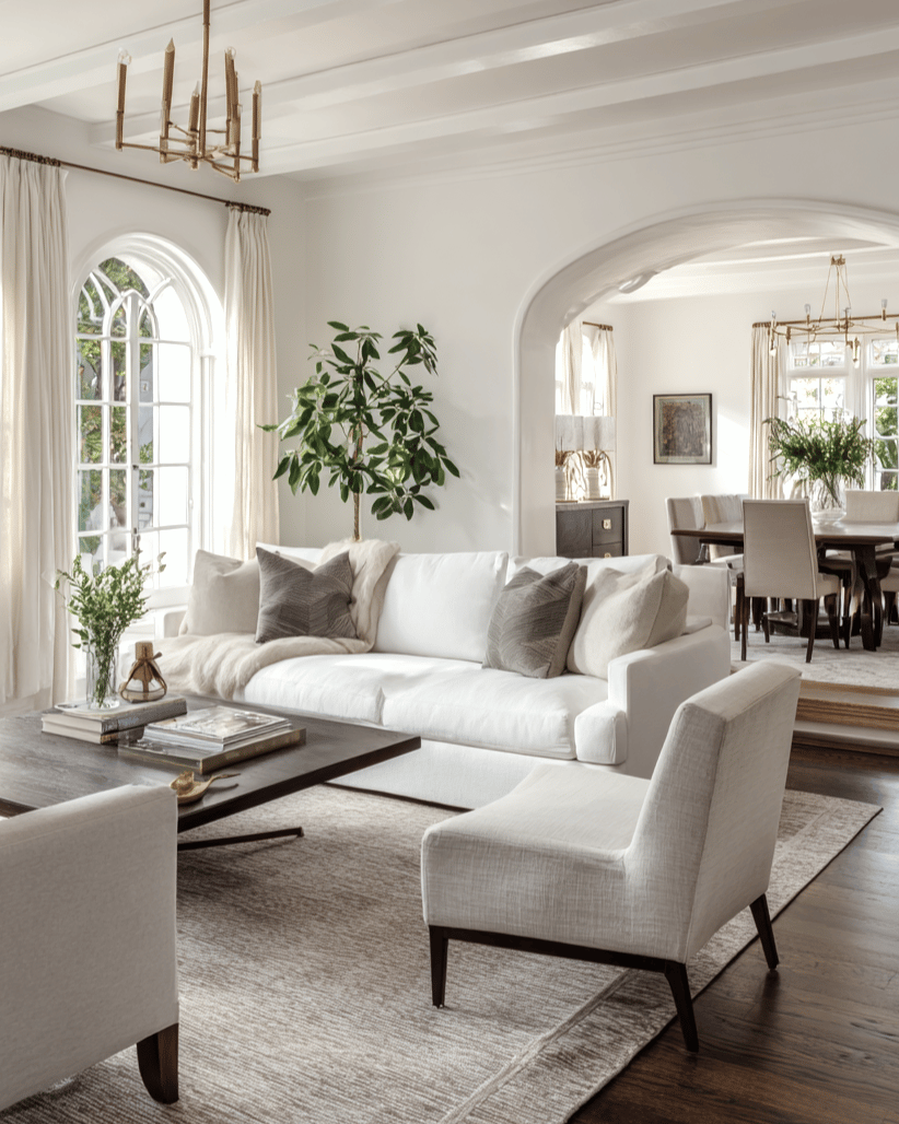 Bright living room with a white sofa, arched windows, and an adjoining dining room.