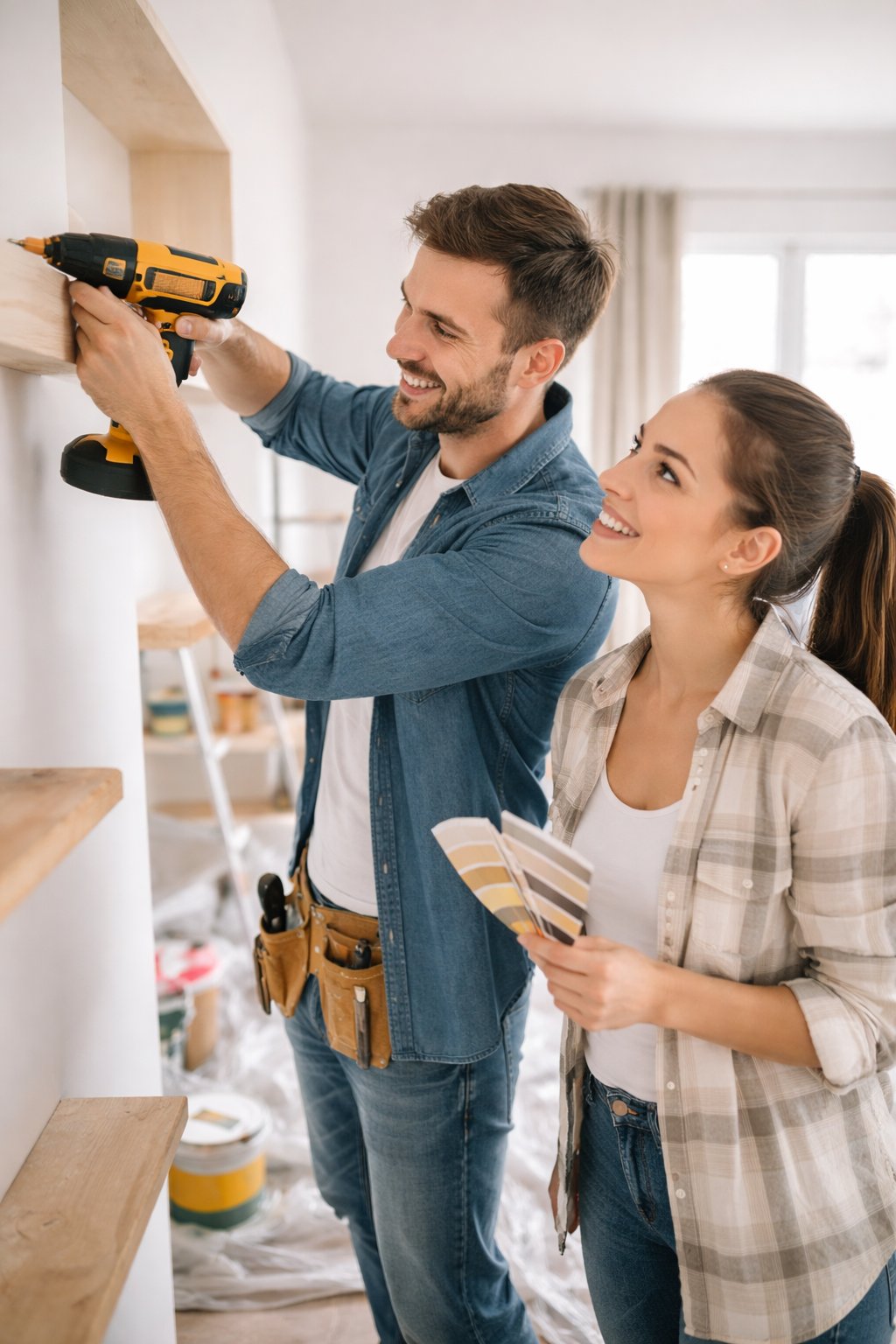 Couple renovating home interior with drill and paint samples in Inner City Calgary