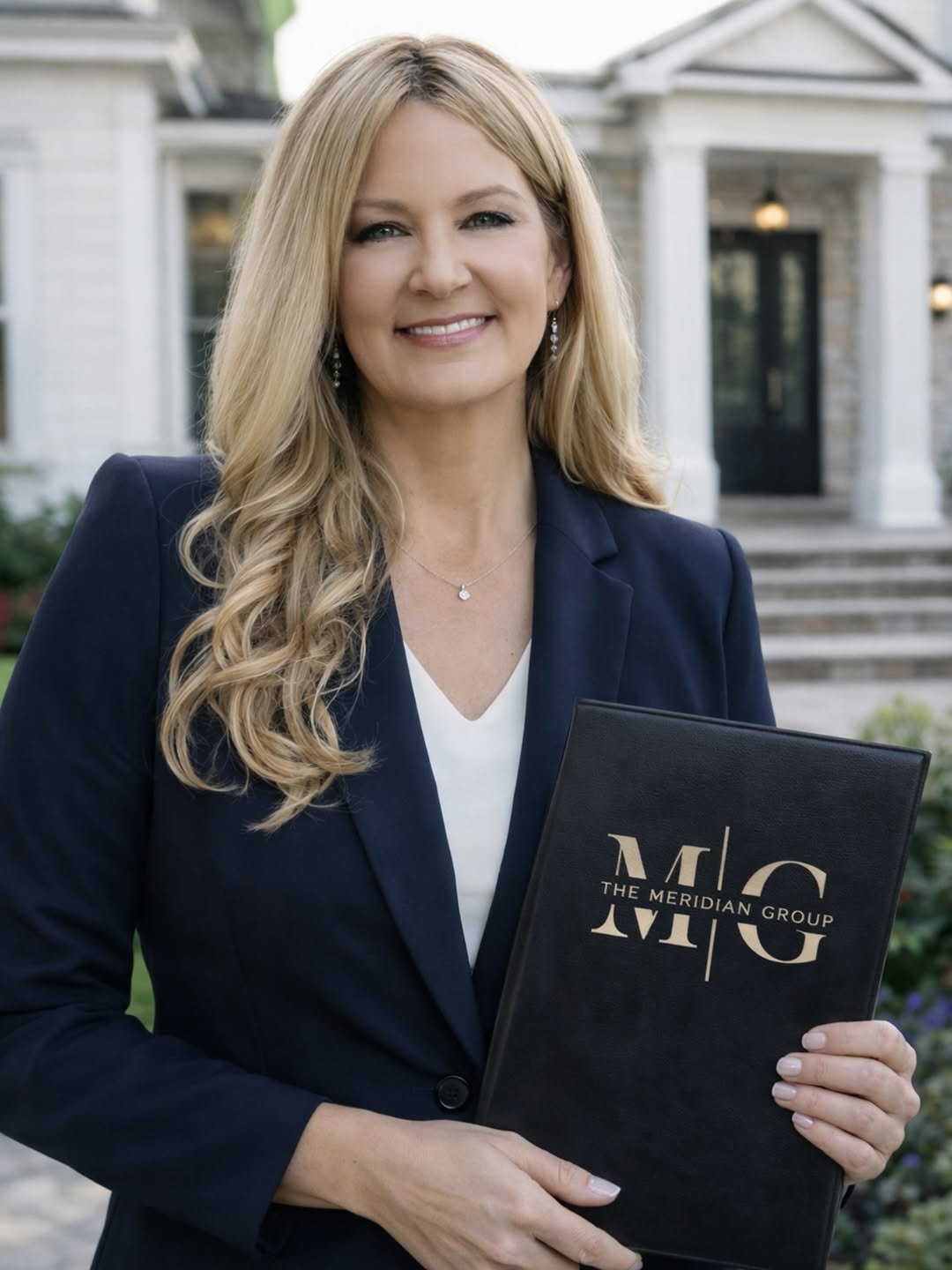 Professional realtor reviewing comps sheet with excited clients on front porch during golden hour home showing.