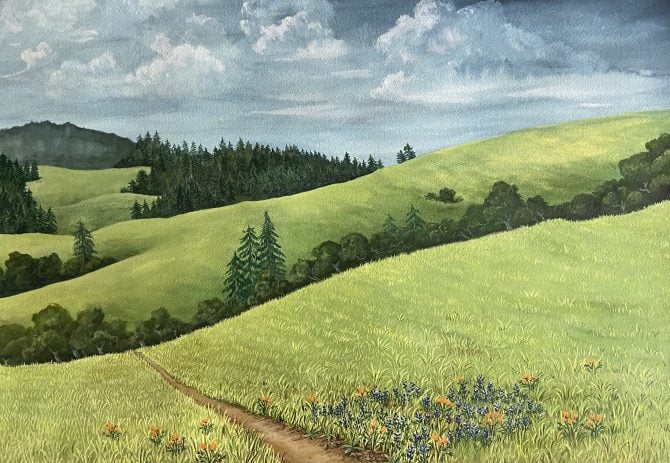 Cloudy sky and green hills of west Marin