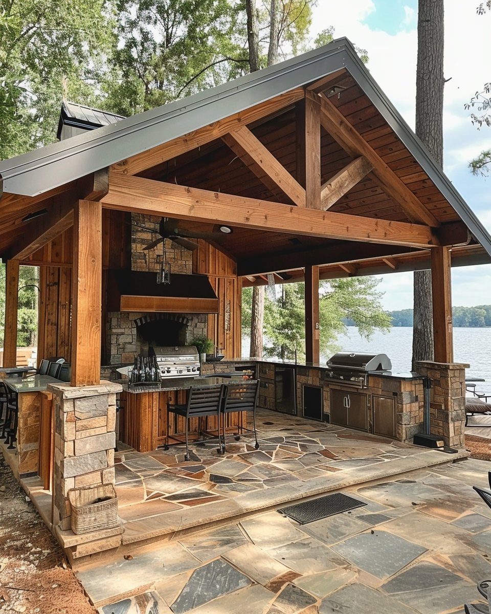 Covered lakeside outdoor kitchen with a stone fireplace, built-in grills, and a flagstone patio.