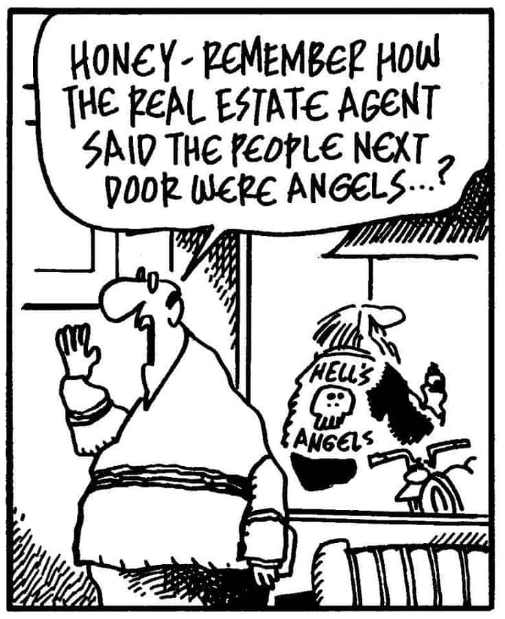 Cartoon joke about neighbors called angels, with “Hell's Angels” written on a jacket.