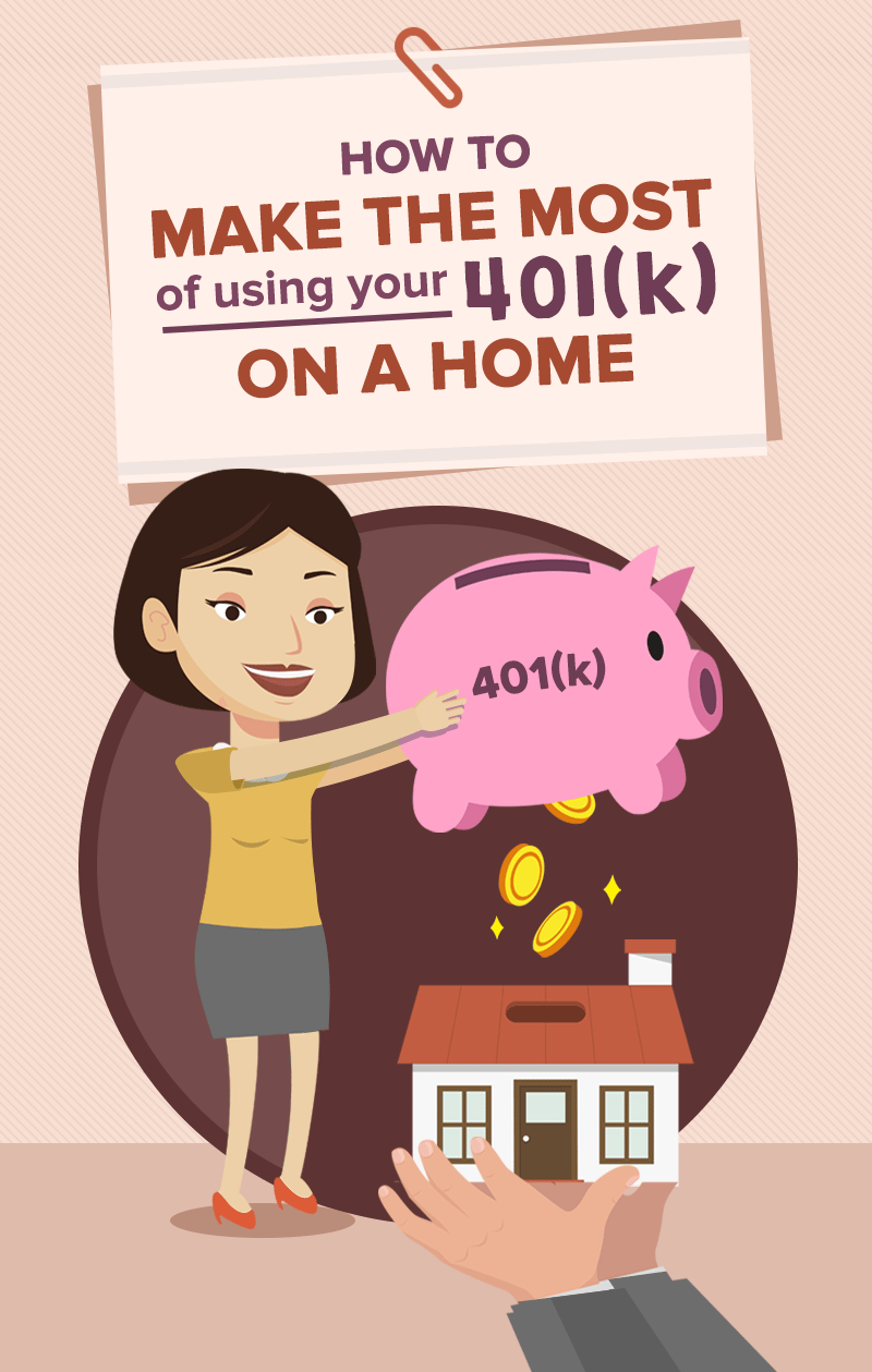 Illustration of a woman pointing to a 401(k) piggy bank above coins and a small house.