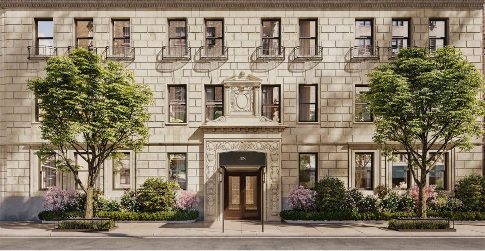 Stone apartment building at 378 West End Avenue, with an ornate entrance and sidewalk trees.