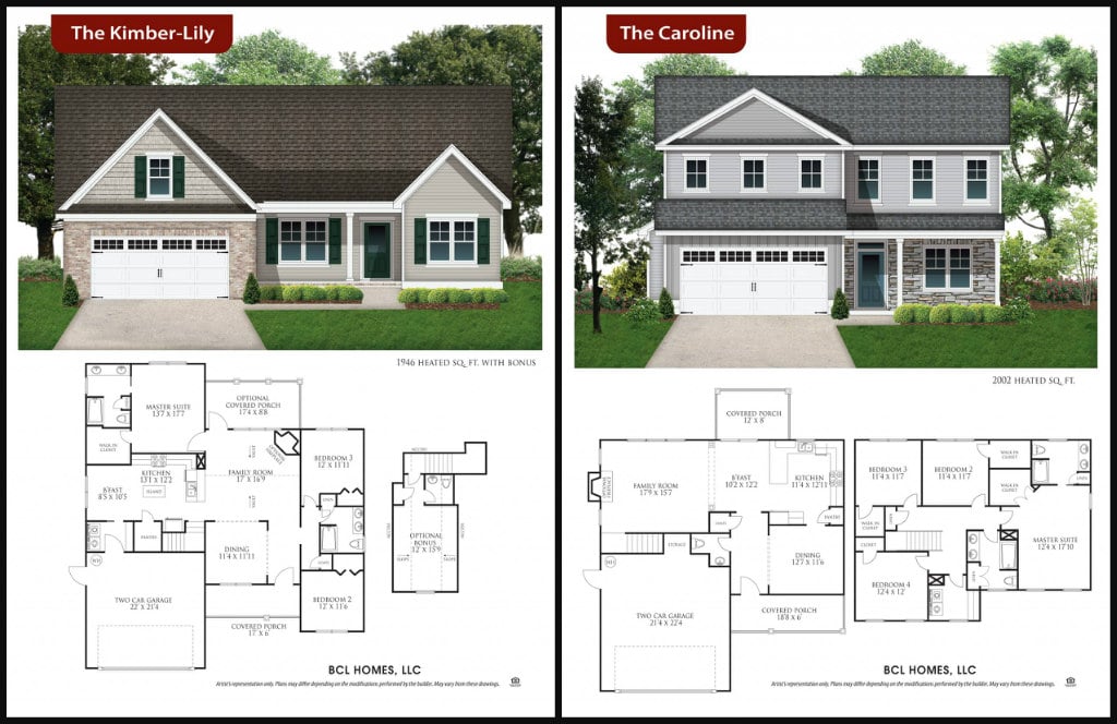 The Kimber-Lily and The Caroline home designs, shown with exterior renderings and floor plans.