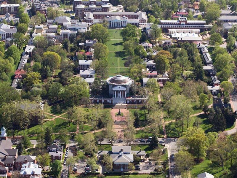 Aerial view of the University of Virginia campus, with the Rotunda centered beyond the Lawn.