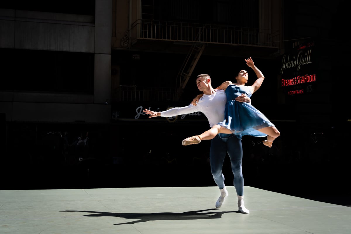 Two Smuin dancers performing contemporary ballet outdoors
