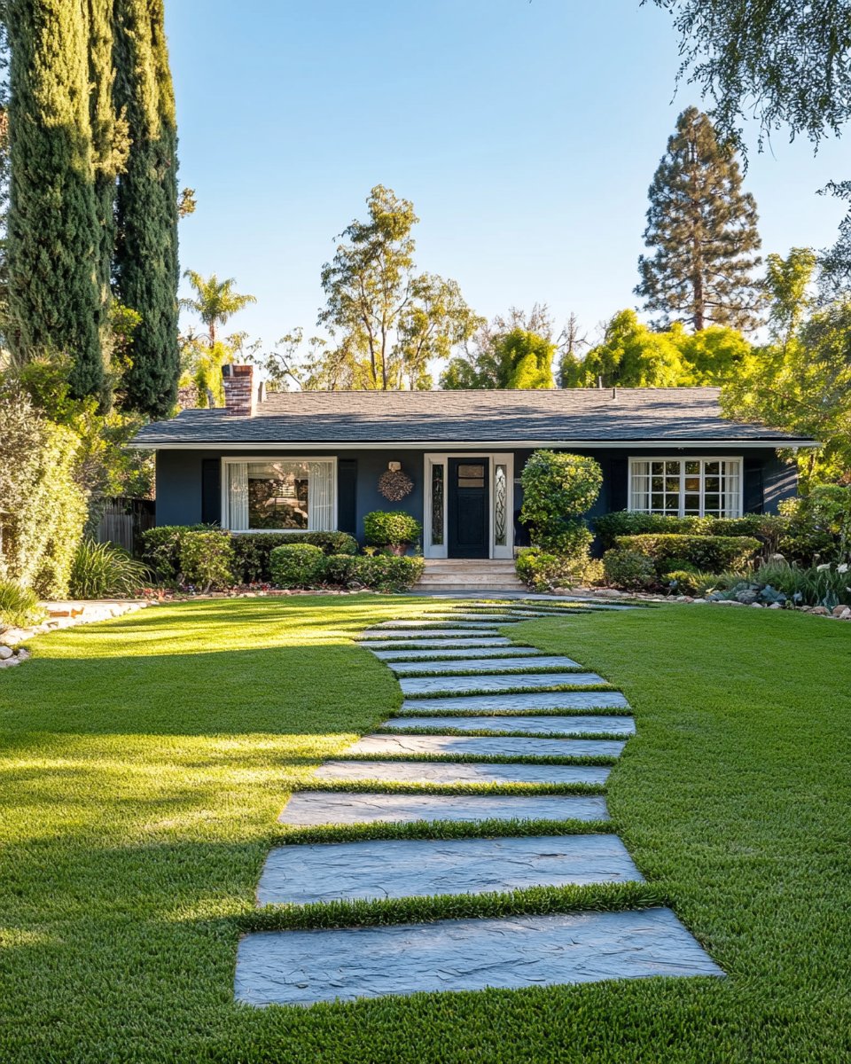Single-story home with a curved stone path crossing a manicured lawn to the front door.