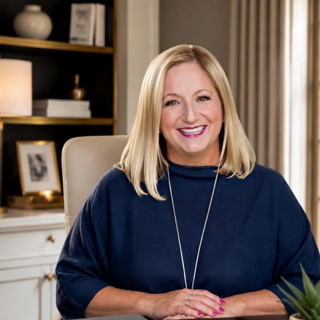 Smiling blonde woman seated indoors, wearing a navy top and long necklace.