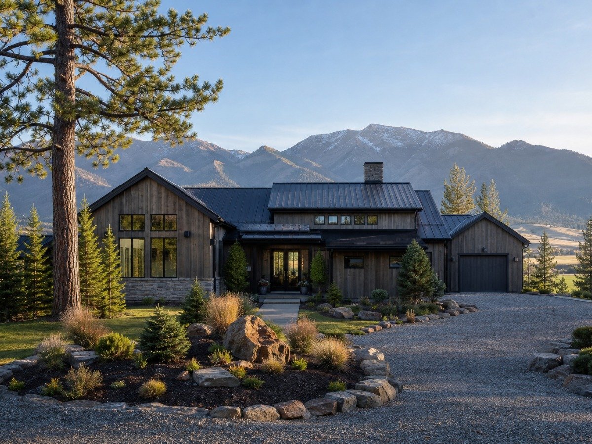 Modern rustic mountain home with a metal roof, pine trees, and snow-dusted peaks behind it.