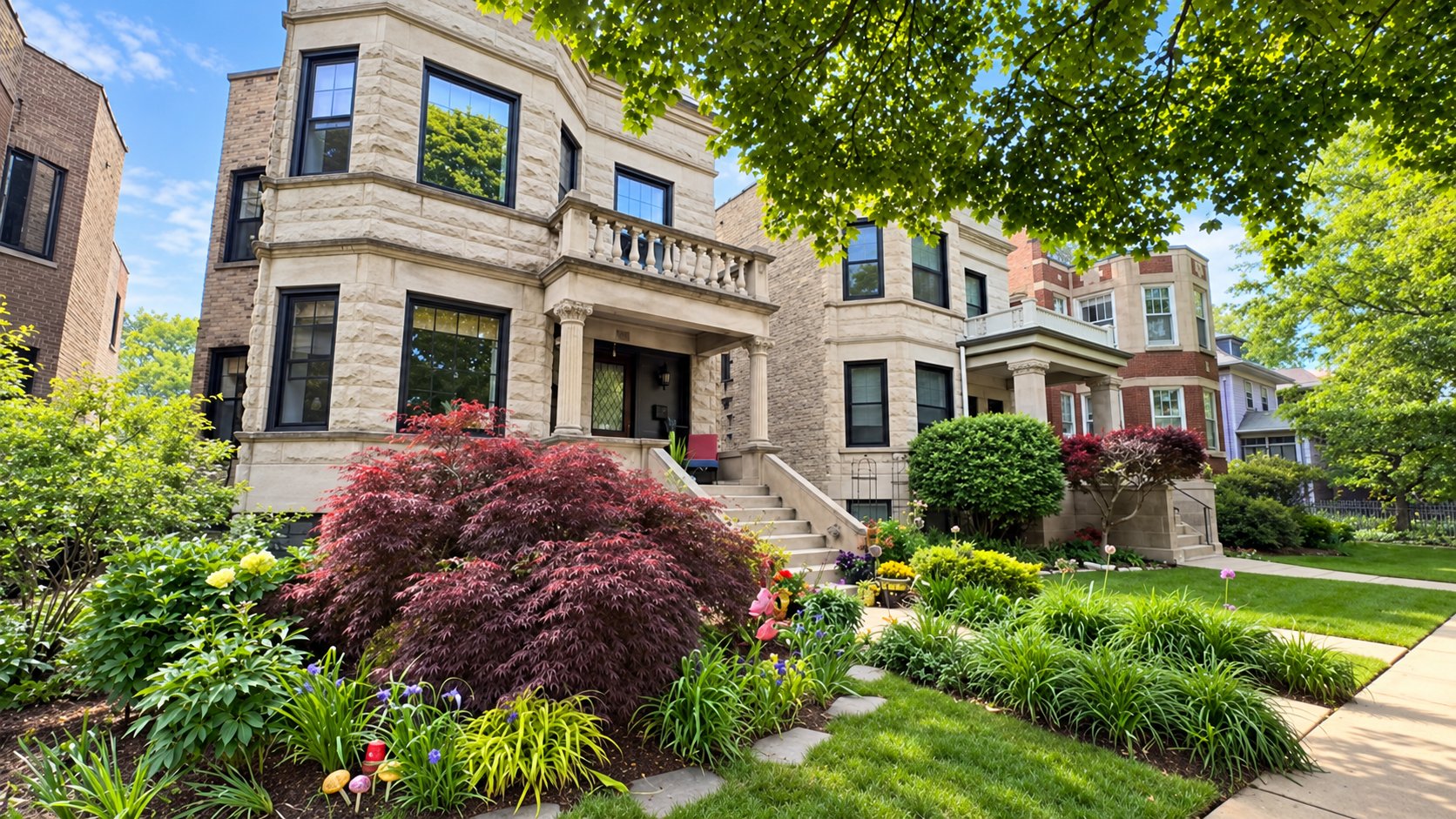 Light-stone multi-unit residence with a columned entrance, balcony, and lush landscaped garden.