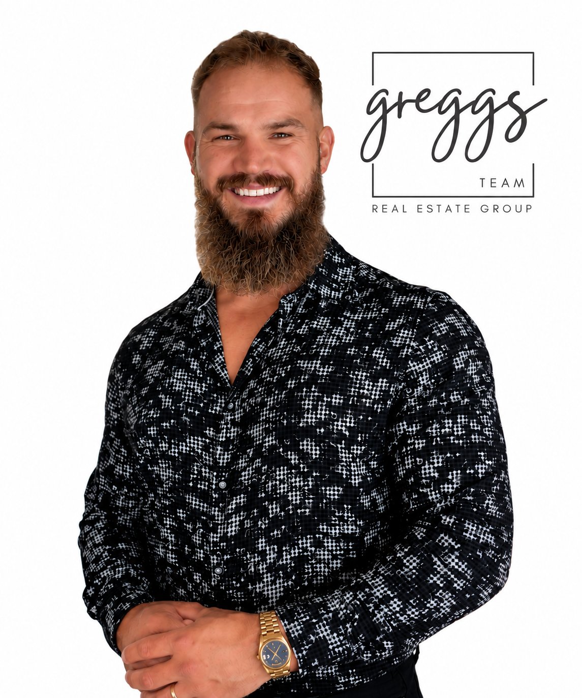 Josh Payer smiles in a patterned shirt beside Gregg's Team Real Estate Group branding.