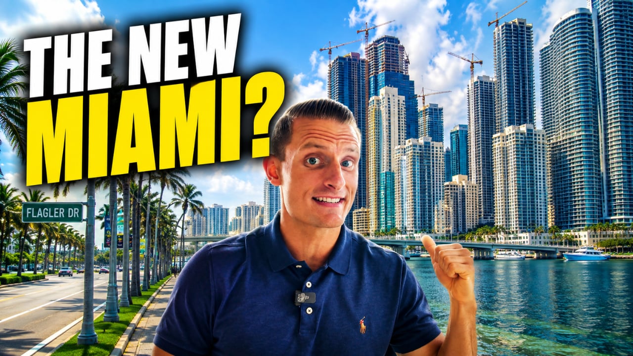 The New Miami? A man gestures toward a sunny waterfront skyline of high-rises and cranes.