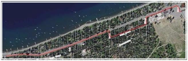 Aerial map showing a red bike trail route along the Lake Tahoe shoreline near Homewood.