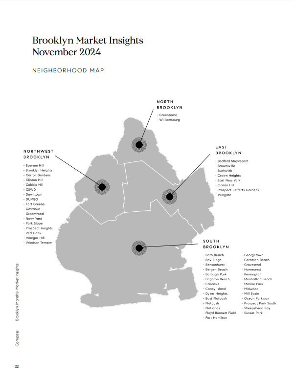 Brooklyn neighborhood map grouping areas into North, Northwest, East, and South Brooklyn.