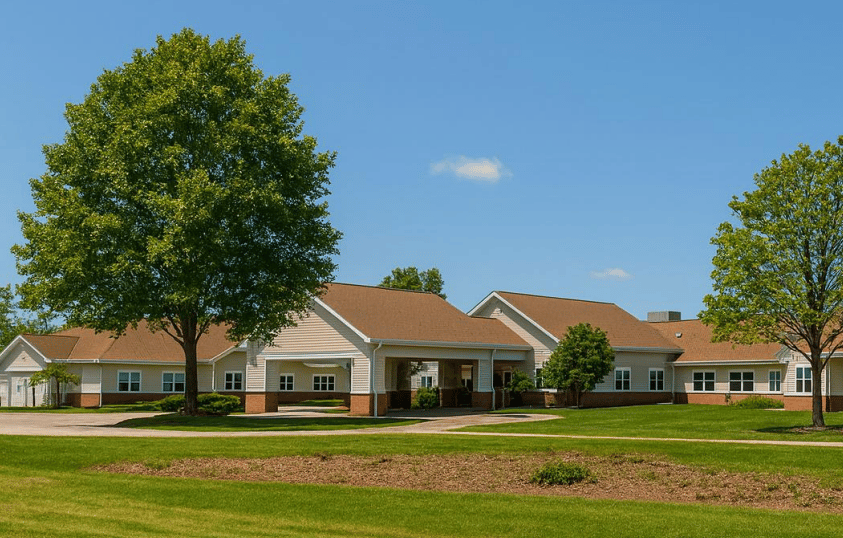 Single-story senior living community with a covered entrance, brick accents, and mature trees.