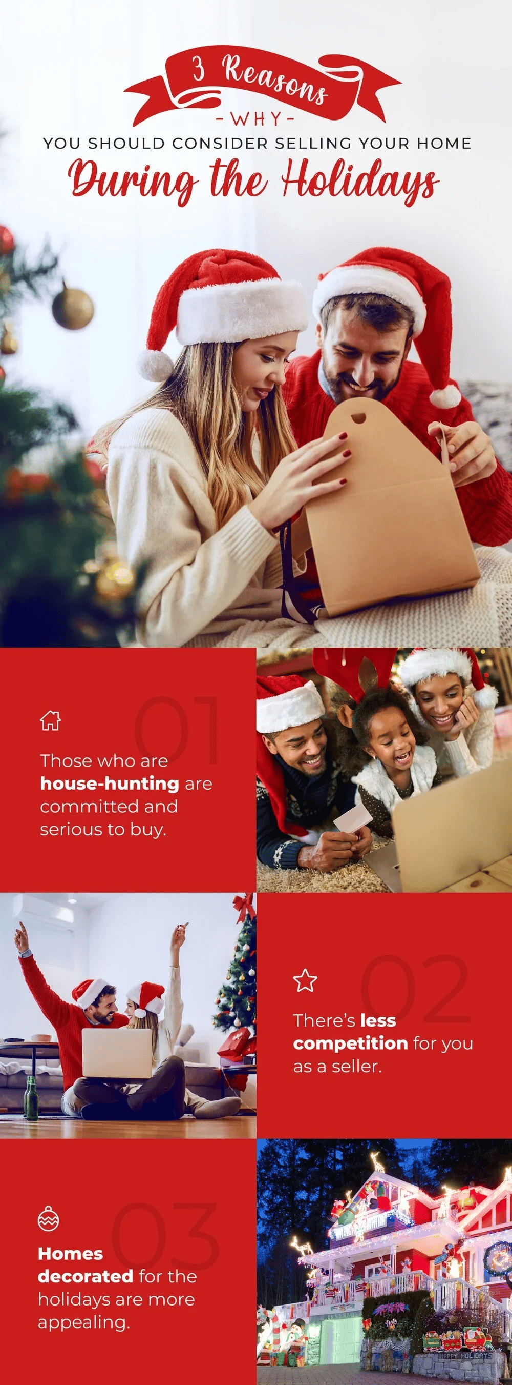 Infographic listing three reasons to sell a home during the holidays, with Christmas-themed family and home photos.