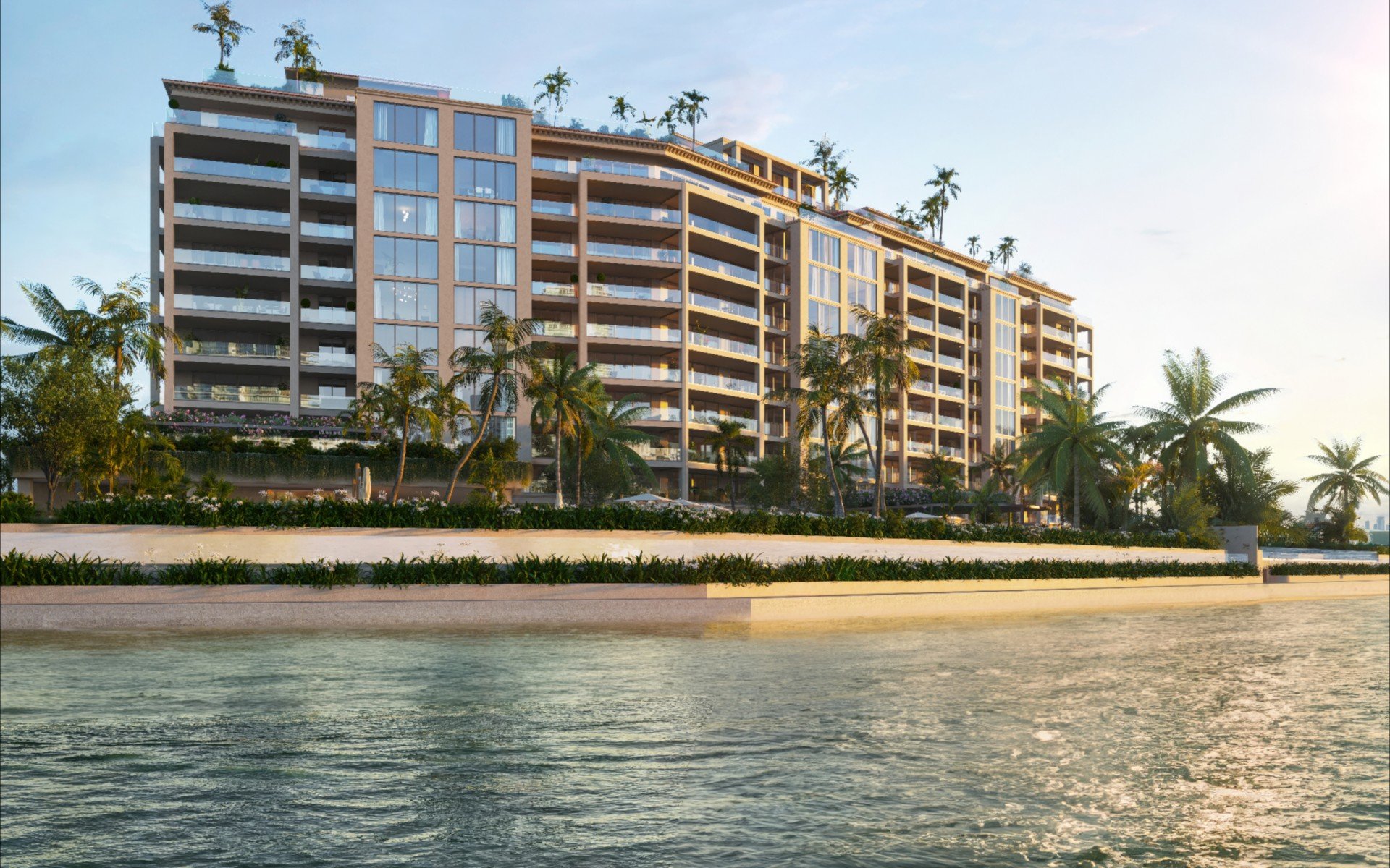 Rendering of The Residences at Six Fisher Island building with glass balconies and palm-lined grounds on the water
