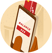 Illustration of a hand holding a phone displaying “BALANCE” and dollar signs, with a red card behind it.