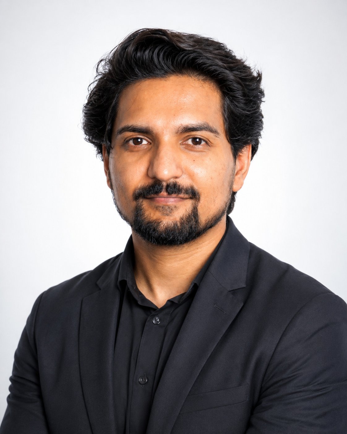 Ayush Rajput in a black suit against a light background.