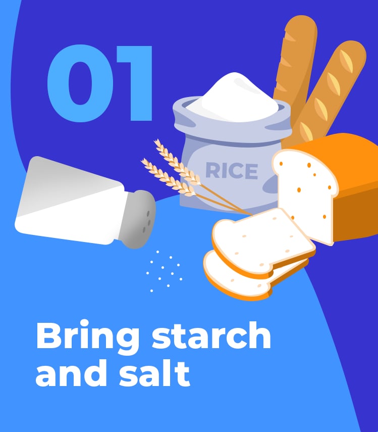 Real estate superstition tip 01: bring starch and salt, illustrated with rice, bread, wheat, and a salt shaker.