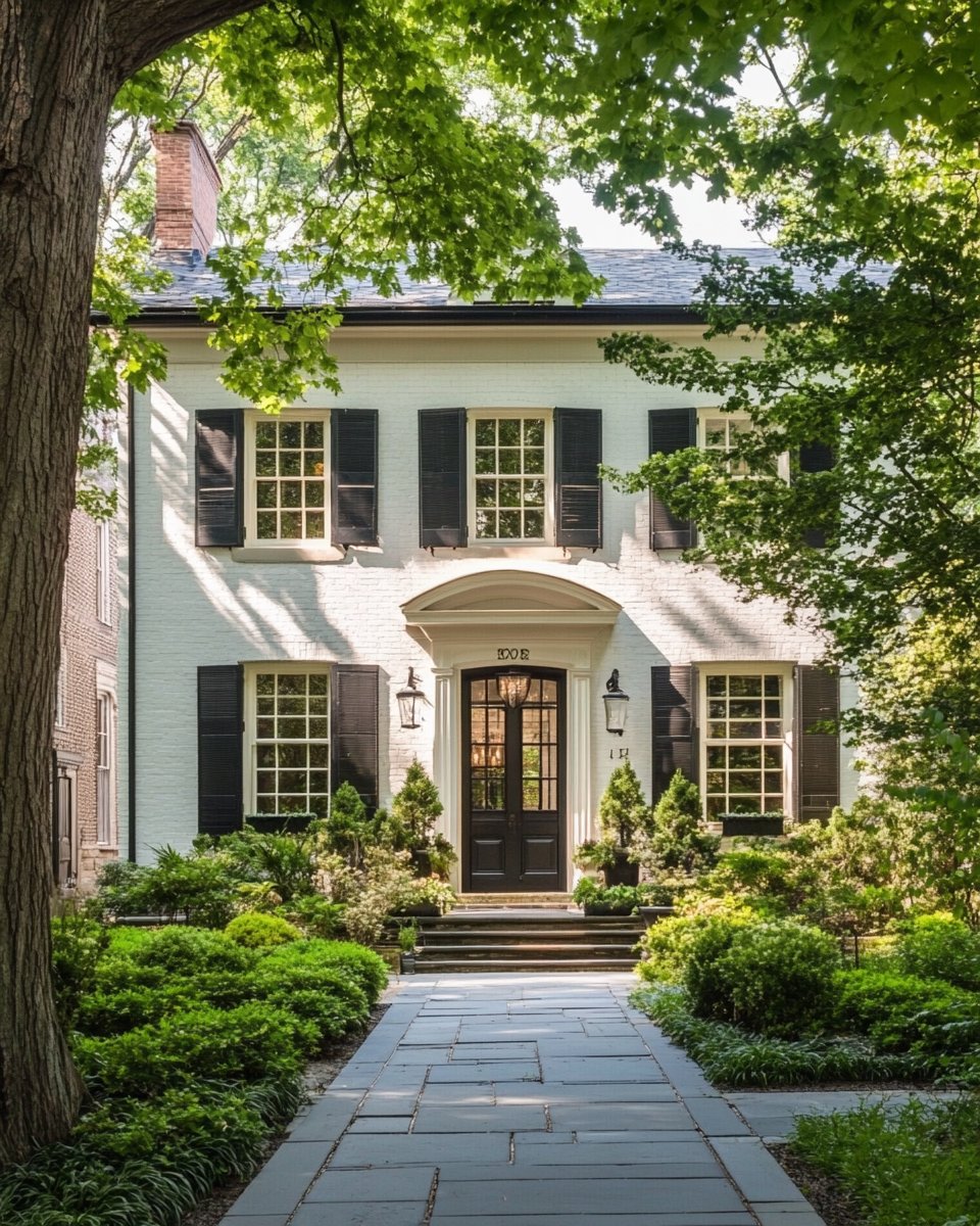 White brick Colonial home with black shutters, a dark entry door, and a stone path through leafy gardens.