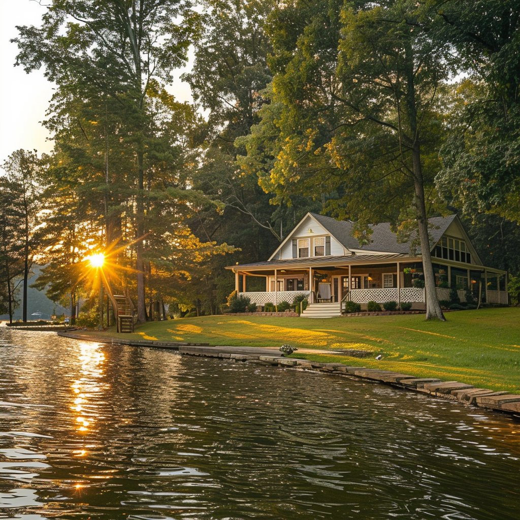 Lakeside house with a covered porch, wooded grounds, and dock at sunset.