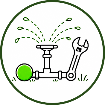 Landscaping and irrigation icon with a sprinkler, wrench, and green shrub.