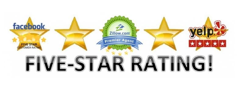 Five-star rating banner featuring Facebook, Zillow Premier Agent, and Yelp.