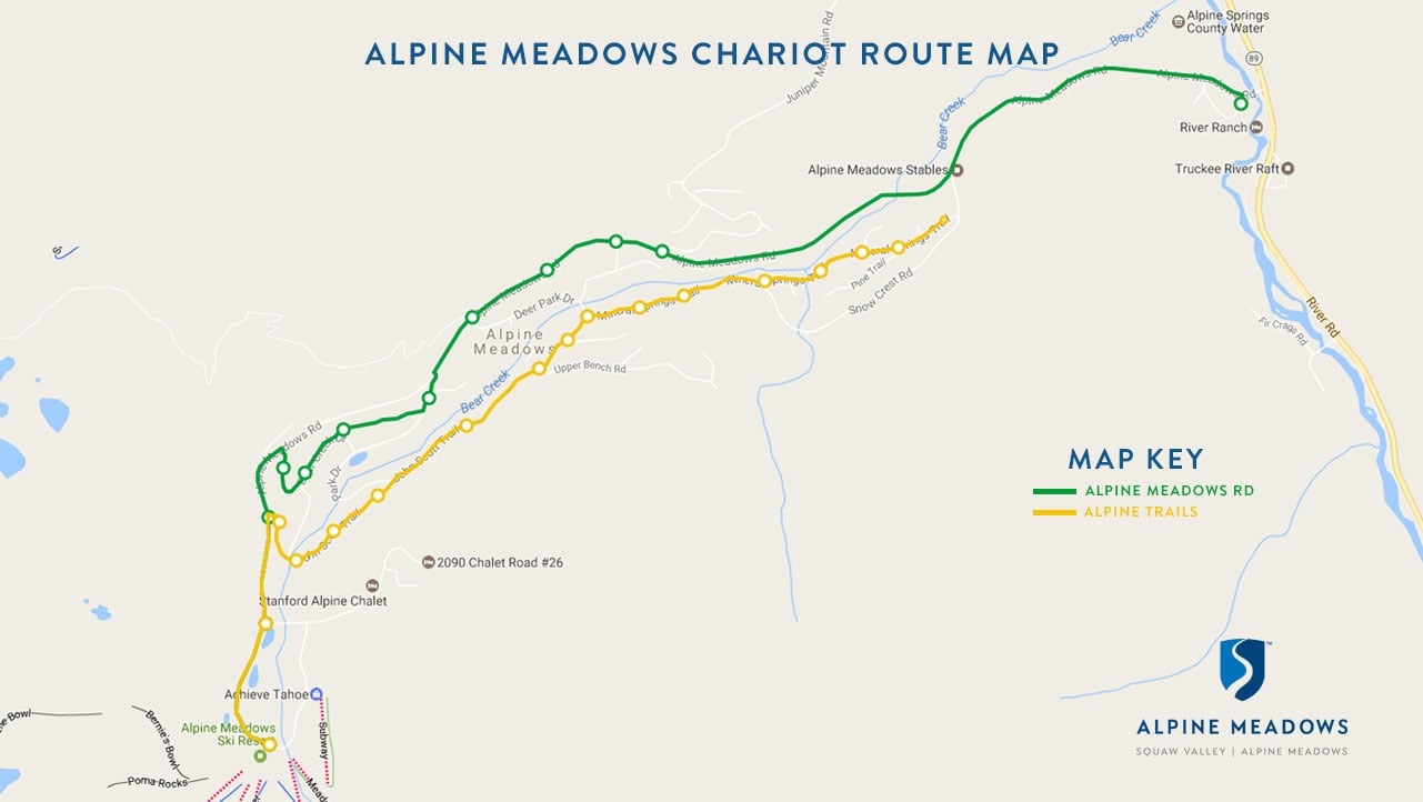 Alpine Meadows chariot route map with green road and yellow trail routes and marked stops.