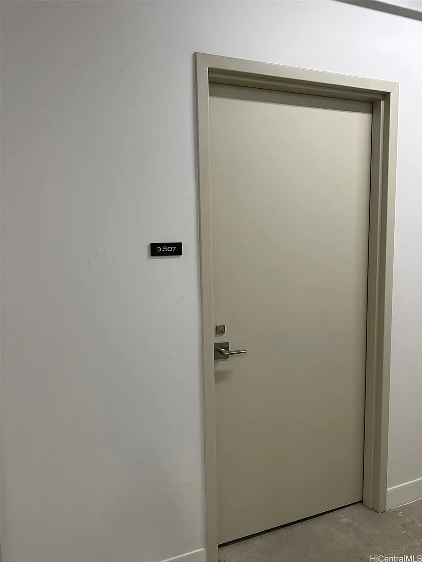 Closed apartment door with a silver lever handle and plaque marked 3.S07.