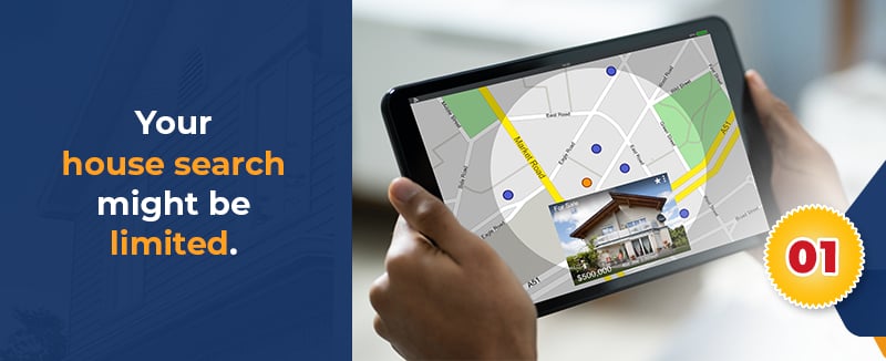 Graphic warning that skipping an agent may limit a home search, with a tablet map showing property listings.