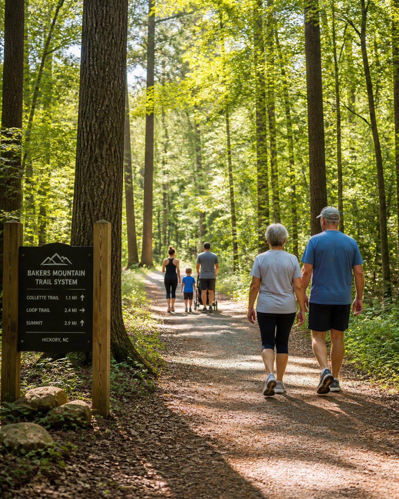 Hikers walk a sunlit forest trail past the Bakers Mountain Trail System sign in Hickory.