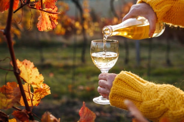White wine being poured outdoors beside orange autumn leaves.