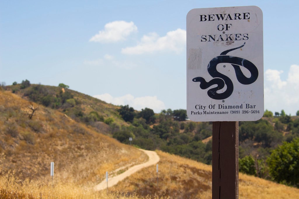Diamond Bar hillside trail with a posted wildlife caution sign