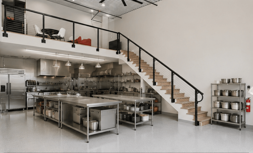 Luxury garage condo layout featured as a modern commercial kitchen space with stainless steel appliances, prep tables, and staircase leading to a mezzanine.