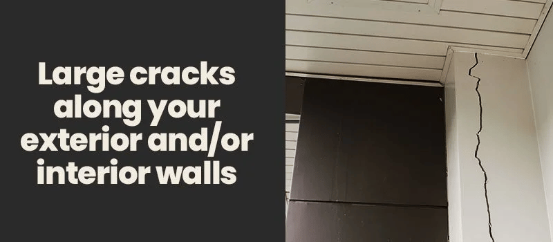 Large cracks along exterior and/or interior walls, illustrated by a crack running down an exterior wall.