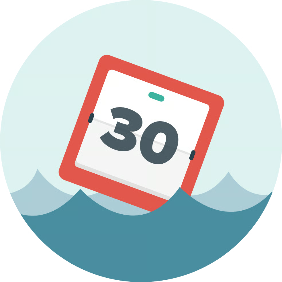 Calendar marked 30 partly submerged in stylized floodwater.
