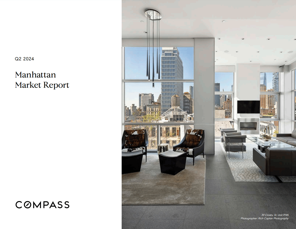 Q2 2024 Manhattan Market Report cover, with a modern living room overlooking Manhattan and the Compass wordmark.
