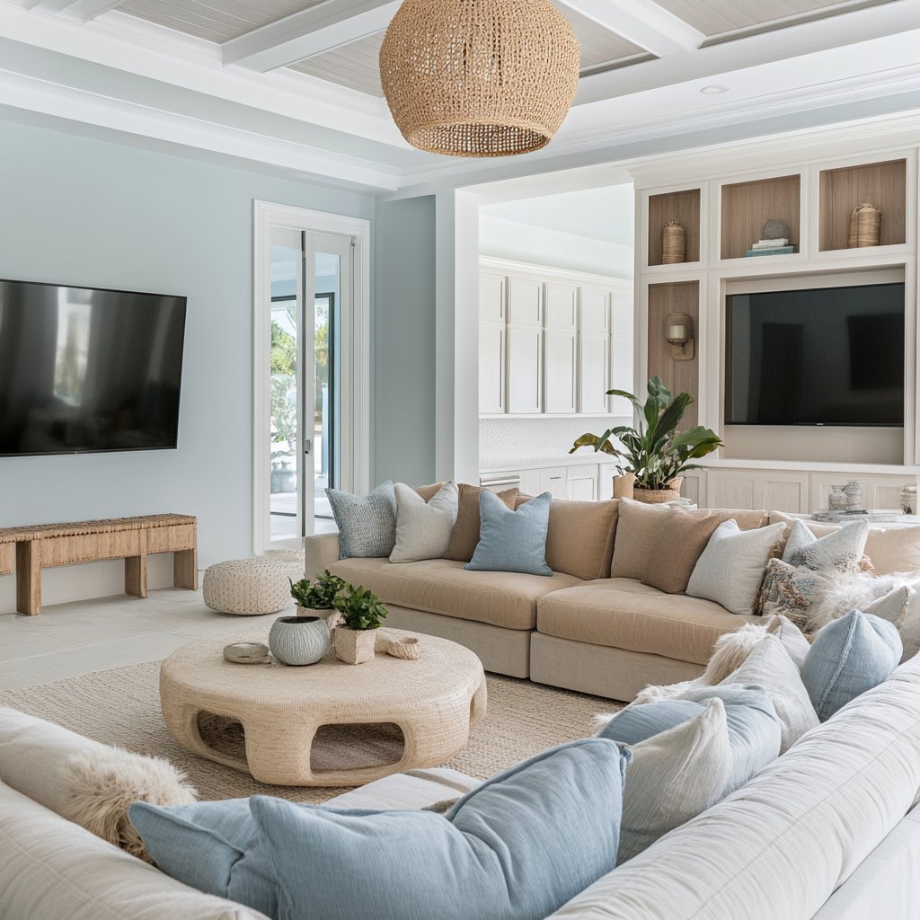Furnished living room with pale blue walls, a woven pendant light, and built-in shelving around a television.